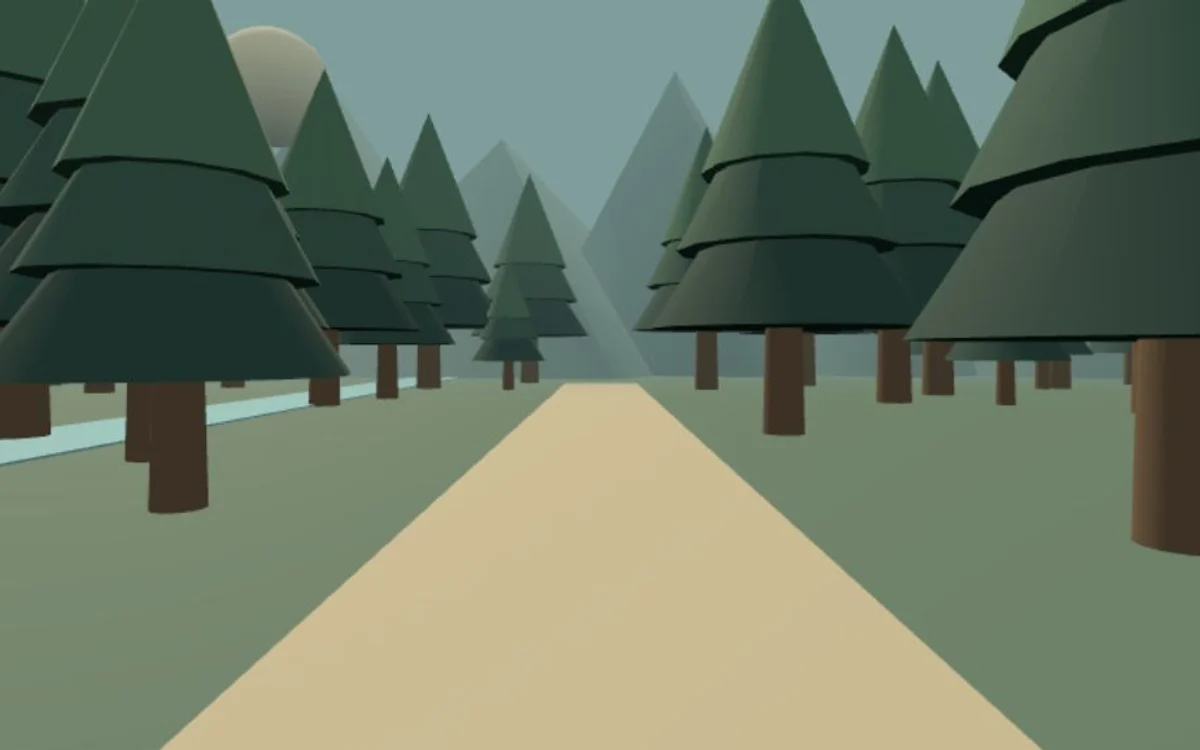 A quiet evergreen forest with morning light and distant mountains